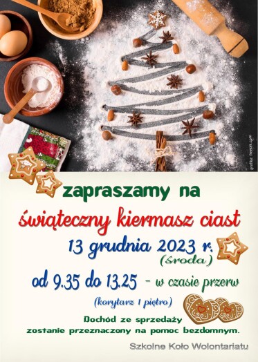 Plakat zachęcający do udziału w kiermaszu ciast, na zdjęciu świąteczne wypieki i akcesoria