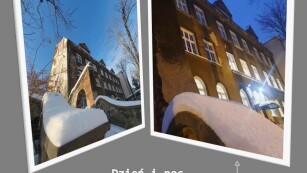 Dwa zdjęcia budynku szkolnego: słoneczny, zimowy dzień i zimowy wieczór