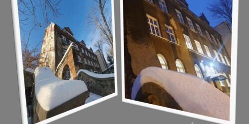 Dwa zdjęcia budynku szkolnego: słoneczny, zimowy dzień i zimowy wieczór