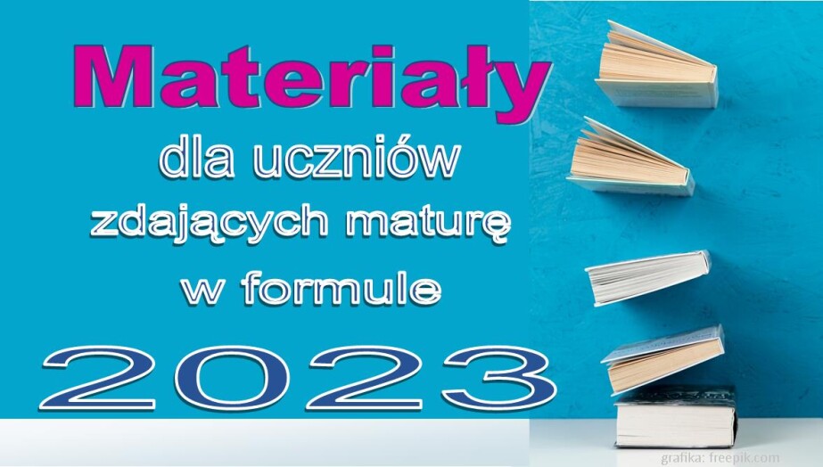 Niebieskie tło, stos 5 książek, tekst: Materiały dla uczniów zdających maturę w Formule 2023