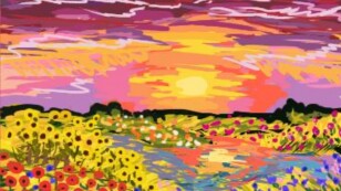 Obraz przedstawia kolorową łąkę, rozciągającą się na pofałdowanym terenie po linię horyzontu. Po lewej stronie widoczne są kwiaty czerwone, dalej żółte; po prawej stronie widnieje obszar kwiatów o barwie niebieskiej, a za nimi, w głąb obrazu, usytuowały się kwiaty różowe. W centralnej części łąki mieści się niewielki zbiornik wodny, w którego tafli odbija się zachodzące słońce. Niebo przybiera barwy od żółtej - poprzez oranż, czerwień, bordo – aż do fioletu